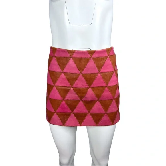 Kelly Wearstler Iraz Leather Mini Skirt- Magenta & Cognac Sz 8 - Picture 2 of 11